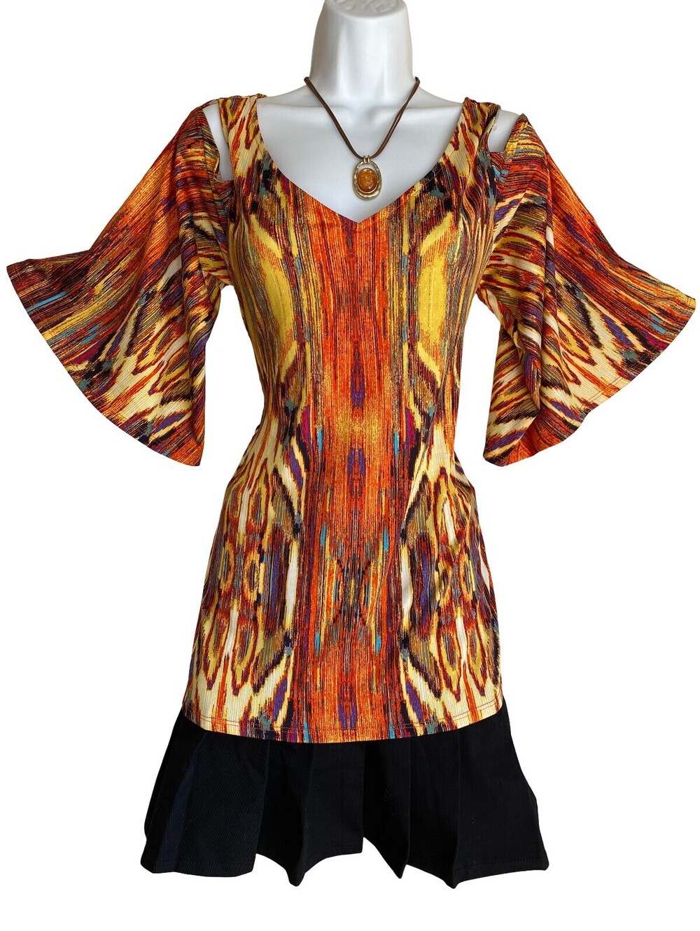 Vintage Coco Bianco L Burnt Orange Abstract Off Shoulder Tunic Blouse Whimsigoth